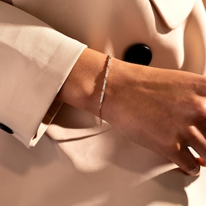 14K Solid Gold Diamond Bar Bracelet, Dainty Gold Bracelet with Sparkling Diamonds, Minimalist Gold Chain Bracelet for Everyday Wear