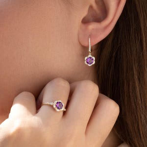 Elegant Solid Gold Amethyst Earrings with Diamond Accents, Luxury Floral Dangle Earrings, Gold Drop Earrings for Women, Fine Jewelry Gift