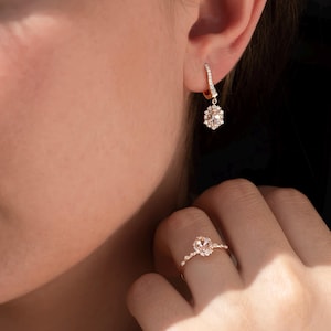 Elegant Rose Gold Earrings With Morganite and Diamond Dainty Bridal Earrings Vintage Inspired Sparling Dangle Earrings For Special Occasions