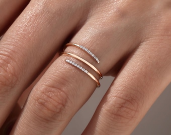 Elegant Rose Gold Double Band Ring with Sparkling Diamond, Minimalist Adjustable Open Ring for Women, Dainty Modern Stackable Jewelry Gift
