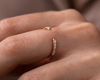 Solid Gold Open Diamond Ring, Minimalist Adjustable Diamond Band, Dainty Gold Ring for Women, Unique Stackable Jewelry Gift