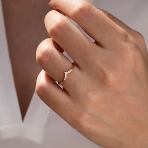 14K Solid Gold Diamond V Ring: Delicate Chevron Stackable Jewelry