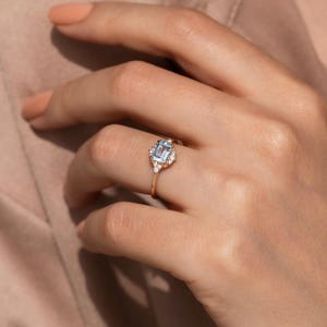 Elegant Aquamarine and Diamond Ring in Solid Gold, Emerald Cut Aquamarine Engagement Ring with Halo Design, Birthstone Gift for Her