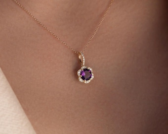 Dainty Amethyst and Diamond Necklace, Gold Chain with Gemstone Pendant, Elegant Birthstone Jewelry, Perfect Gift for Her, February Stone
