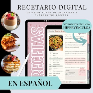 Recetario Digital en Español, Recetario de Cocina en Español con Hipervínculos diseño Turquesa | Organizador de Recetas castellano para Ipad