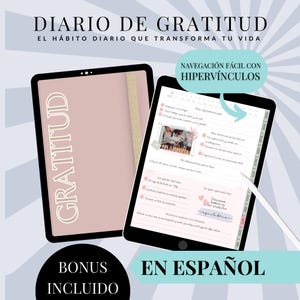Puede incluir: Un diario de gratitud digital en una tableta, con la palabra "Gratitud" mostrada verticalmente. El diario incluye el texto "El hábito diario que transforma tu vida" y "Navegación fácil con hipervínculos". También son visibles las palabras "Bonus incluido" y "En español".