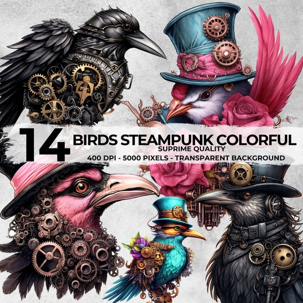 Steampunk Birds Clipart Bundle, Ephemera Birds, Mechanical Birds, Watercolor Crow, Floral Crow, Floral Birds, Birds and Blossoms