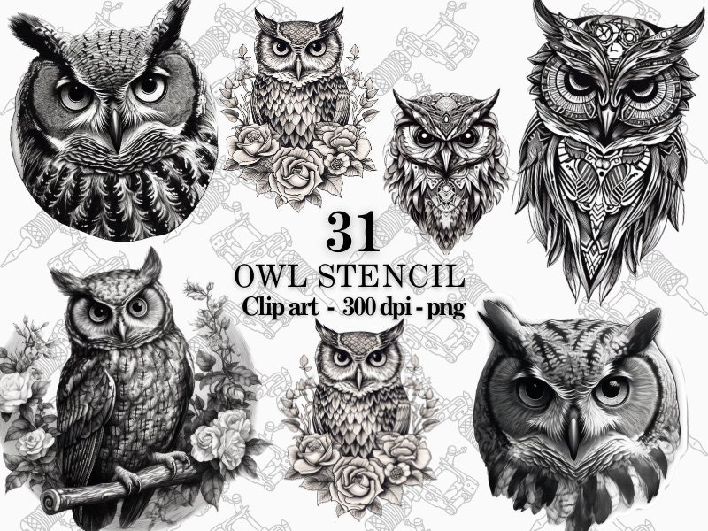 owls-tattoo-designs-clipart-png-set-owl-line-art-owl-floral-instant-download-commercial-use-etsy