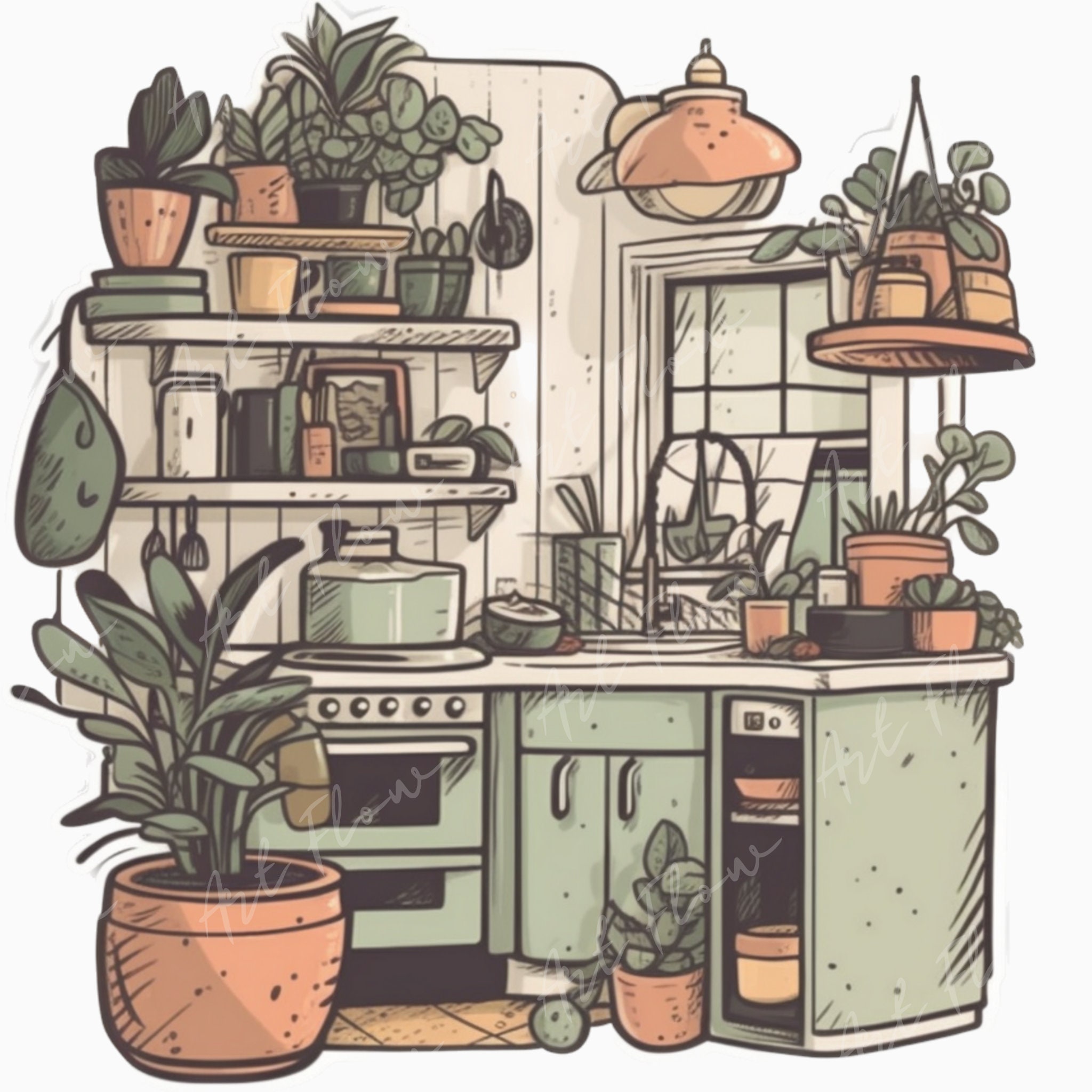 Watercolor Cozy Kitchen Clipart, Pastel Kitchen, Watercolor Rustic ...