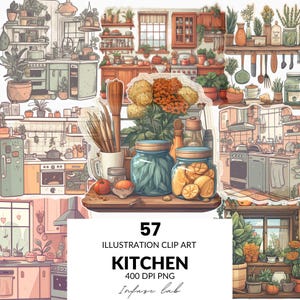 Clipart de cozinha aconchegante em aquarela, cozinha pastel, aquarela rústica, adesivo de cozinha, diário de marcadores, álbum de recortes digital, planejador PNG