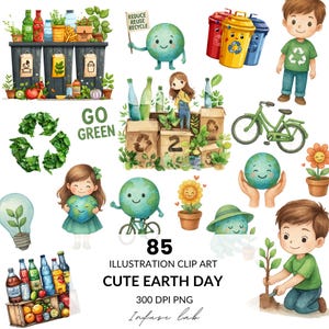 Niedliches Earth Day Aquarell Clipart, Eco Kids, Recycling PNG, Planet PNGs, grünes Auto, Pflanzen, Erdliebe, digitaler Download - Kommerzielle Nutzung