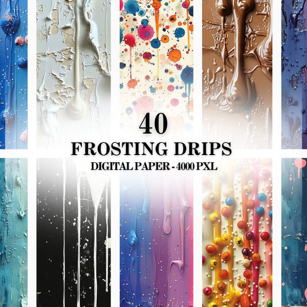 Papier numérique Frosting Drips - couleurs dégoulinantes, arrière-plans de pépites de chocolat et de fraises avec du papier de scrapbooking imprimable granuleux