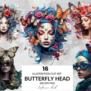 Clipart de niña y mariposas en acuarela, retrato de niña, sublimación de una bella mujer en acuarela, descarga digital, niña y mariposas