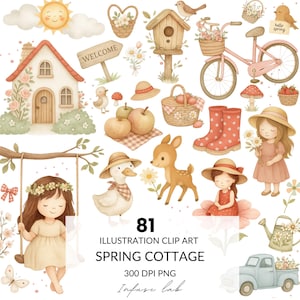 Clipart printemps PNG Cottagecore mignon, fraise animaux, fleurs aquarelle rustique, fleurs aquarelles, pépinière de la ferme enfants, usage Commercial
