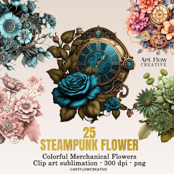 Mystical Mechanical Flowers, Vintage Steampunk Watercolor Clipart Collection, Sublimation Ready, Steampunk Floral, Victorian Style