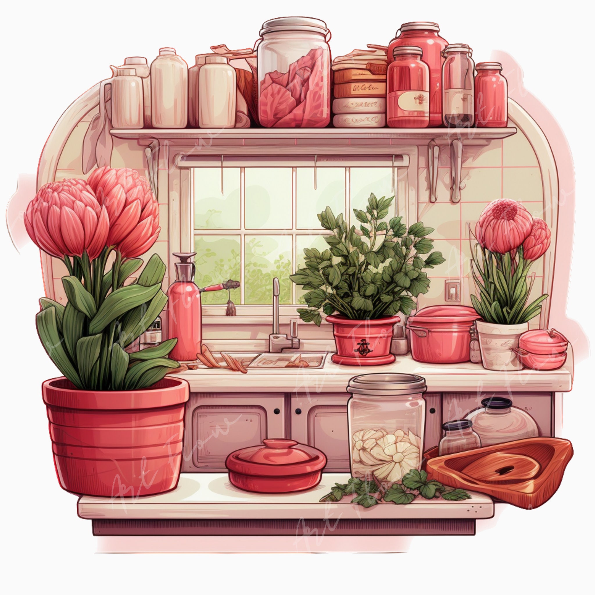 Watercolor Cozy Kitchen Clipart, Pastel Kitchen, Watercolor Rustic ...