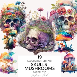 Clipart enchanteur de champignon, clipart de champignon magique, champignons aquarelles, forêt magique des cliparts PNG format téléchargement immédiat utilisation commerciale