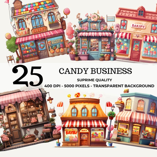 Watercolor Candy Shop Clipart Bundle, City of Sweets, Candy Store Clipart, Sweets Pastry Collection, Sweets and Glazed Donuts Shop,Cake Shop