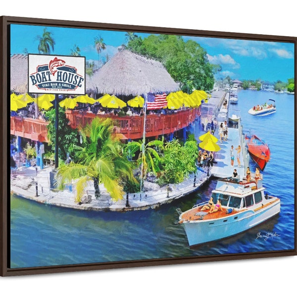 Cape Coral Art, Boat House Tiki Bar & Grill, Caloosahatchee River, Fort Myers Print, Florida Digital Painting, Waterside Dining Canvas