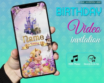 May include: A smartphone displays a birthday video invitation. The design features a castle, a princess, and the text "Name Is Turning 4." Additional text includes "BIRTHDAY Video invitation" and "With Music Ready in 24 hrs."