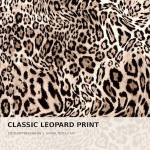 May include: A textile design featuring a classic leopard print pattern with black and dark brown spots on a light beige background. The image includes the text CLASSIC LEOPARD PRINT and COCO PATTERN DESIGN | DIGITAL TEXTILE ART.