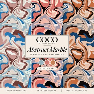 May include: A digital graphic featuring three seamless abstract marble patterns in blue, pink, and orange colorways. The central text reads COCO PATTERN DESIGN, Abstract Marble, SEAMLESS PATTERN BUNDLE, 3 COLORWAYS, HIGH QUALITY JPG, SEAMLESS REPEAT, INSTANT DOWNLOAD.