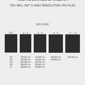May include: A size guide for digital wall art prints, showing five different aspect ratios and corresponding paper sizes in inches and centimeters. The guide includes ISO paper sizes, such as A5, A4, A3, A2, and A1, along with their corresponding dimensions in centimeters.