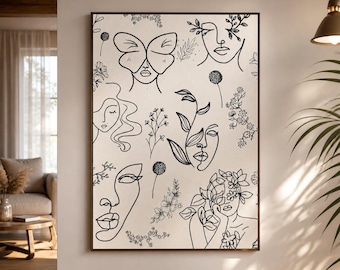 Minimalist Woman Line Art Framed Canvas, Botanical Face Wall Art, Black White Floral Print, Boho Bedroom Living Room Decor