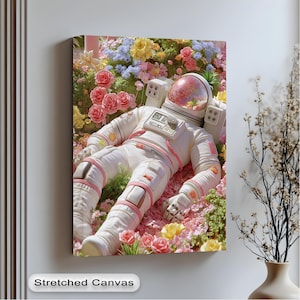 Stampa su tela con astronauta surreale - Stampa floreale colorata su tela con cornice galleggiante dorata per arredamento moderno, stampa su tela