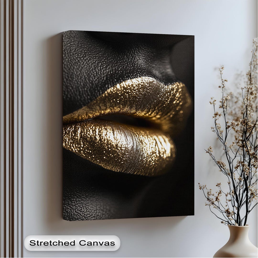 Golden Lips Wall Art – Luxury Gold Lip Canvas With Black Floating Frame ...