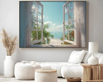 May include: A framed canvas print depicts an open window overlooking a tropical beach scene. The window is white, with sheer curtains and a view of the ocean, palm trees, and a sandy beach. The frame is a natural color. The text at the bottom reads "Floating Frame-Natural Color."
