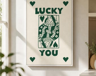 Lucky You Framed Canvas Wall Art, Green Playing Card Print, Retro Casino Love Decor for Bedroom Living Room Game Room