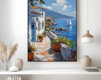 Mediterranean Coastal Path Wall Art, Vertical Framed Canvas with Sea View, White Frame Seaside Artwork, Ready to Hang Sailboat Decor