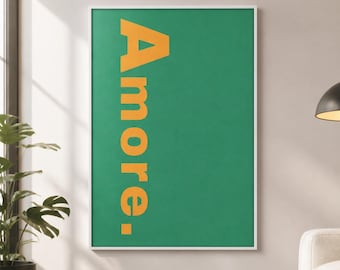 Amore Typography Canvas Wall Art, Framed or Stretched Print, Green Orange Large Vertical Italian Love Decor