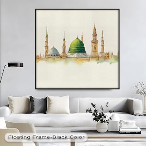 Green Dome Medina Mosque Poster, Islamic Watercolor Print, Masjid An-Nabawi Art, Minimalist Religious Wall Decor for Home or Office