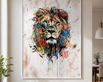 Colorful Lion Framed Canvas Wall Art, Graffiti Animal Print, Urban Street Art, Modern Wildlife Decor for Living Room Office