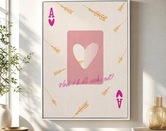 What If It All Works Out Framed Canvas Wall Art, Ace of Hearts Print, Pink Motivational Decor, Romantic Bedroom Game Room Art