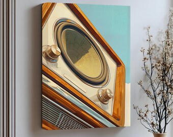 May include: A stretched canvas print featuring a vintage radio design. The artwork showcases a detailed illustration of a retro radio speaker with wooden accents, cream-colored face, and two knobs. The background is a light blue color. The text "Stretched Canvas" is at the bottom.