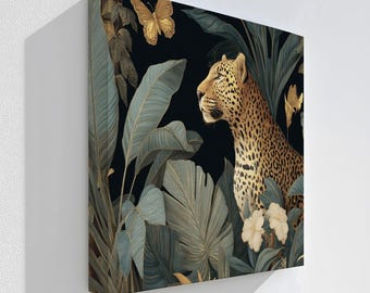 Leopard Jungle Canvas Art: Tropical Safari Print in Natural Frame