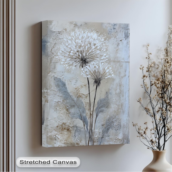 Textured Dandelion Canvas Print: Neutral Botanical Wall Art, Ready