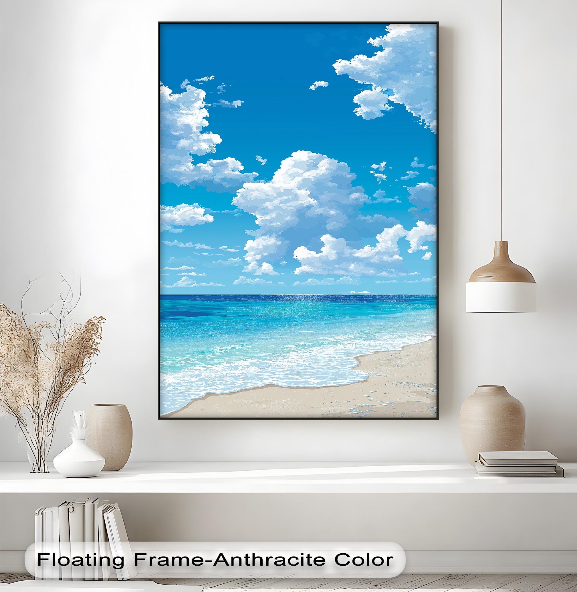 Blue Ocean Beach Canvas Art: Coastal Seascape Print in Silver