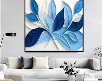 Blue Leaf Canvas Wall Art: Modern Botanical Print with Floating Frame