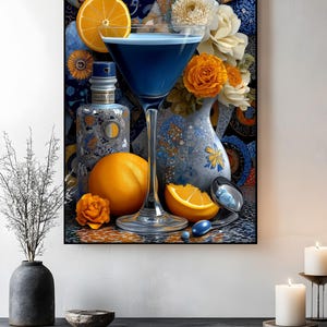 Quadro su tela con cocktail blu – Natura morta con agrumi e fiori, vivace decorazione da bar con cornice galleggiante per cucina o sala da pranzo