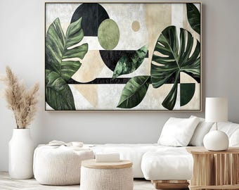 May include: A framed canvas art print featuring a geometric design with green monstera leaves and abstract shapes in black, beige, and white. The text "Floating Frame-Natural Color" is at the bottom.