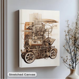 May include: A stretched canvas print featuring a sepia-toned illustration of a complex machine, resembling a vintage vehicle. The artwork showcases intricate mechanical details, gears, and pipes. The text "Stretched Canvas" is at the bottom.