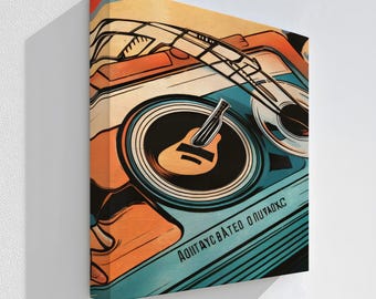 May include: A stretched canvas art print featuring a stylized illustration of a guitar and a record player in shades of orange, blue, and beige. The artwork has a retro aesthetic and includes text at the bottom.