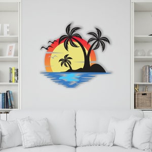 Coastal Sunset Metal Wall Art: 3D Palm Tree Wall Hanging