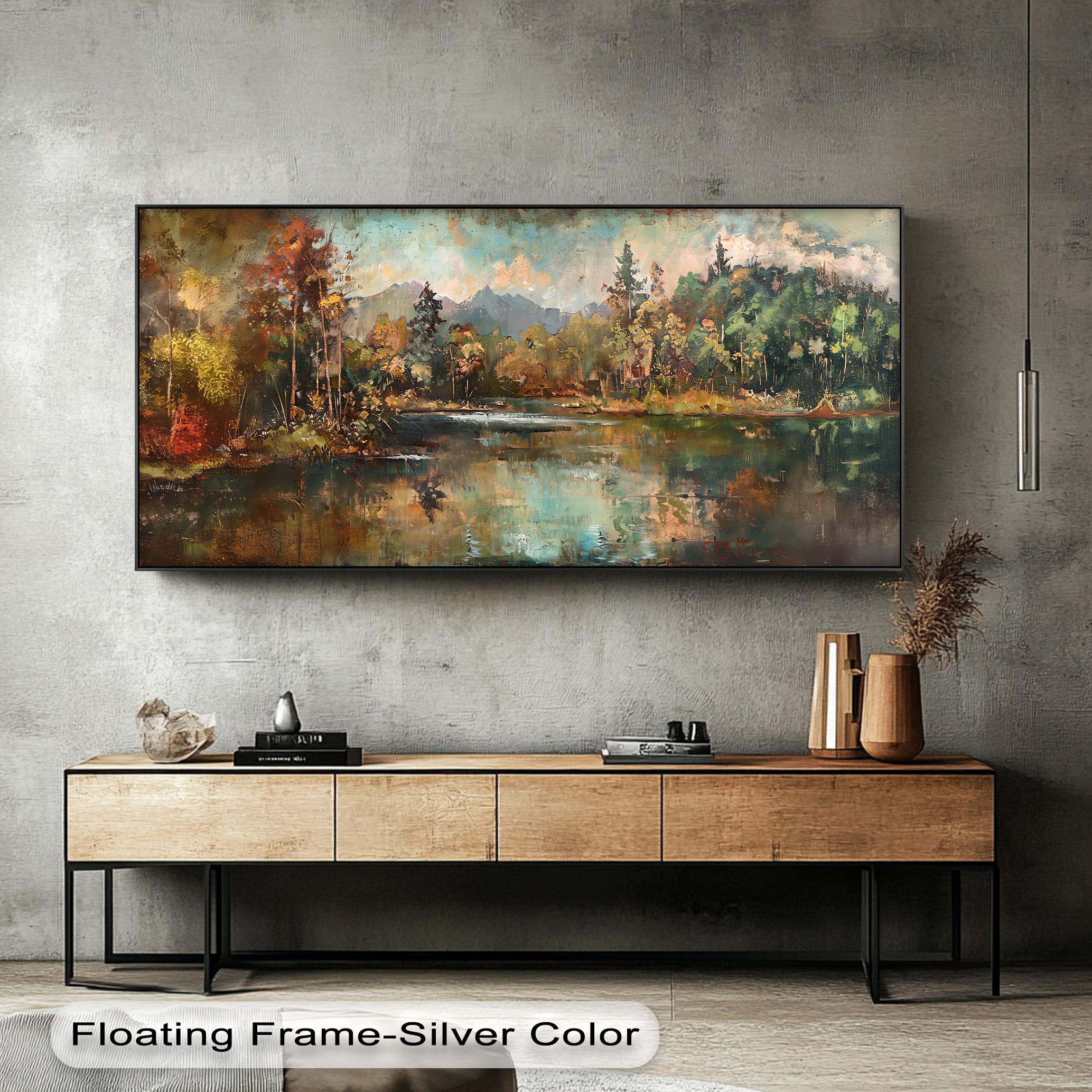Panoramic Forest Lake Landscape Wall Art, Nature Reflection Canvas Print, Wide View Living Room Decor, Black Frame, Stretched Canvas