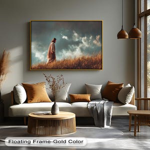 Jesus Walking Through Field Canvas Wall Art, Peaceful Christian Home Decor with Floating Natural Frame, Spiritual Religious Artwork