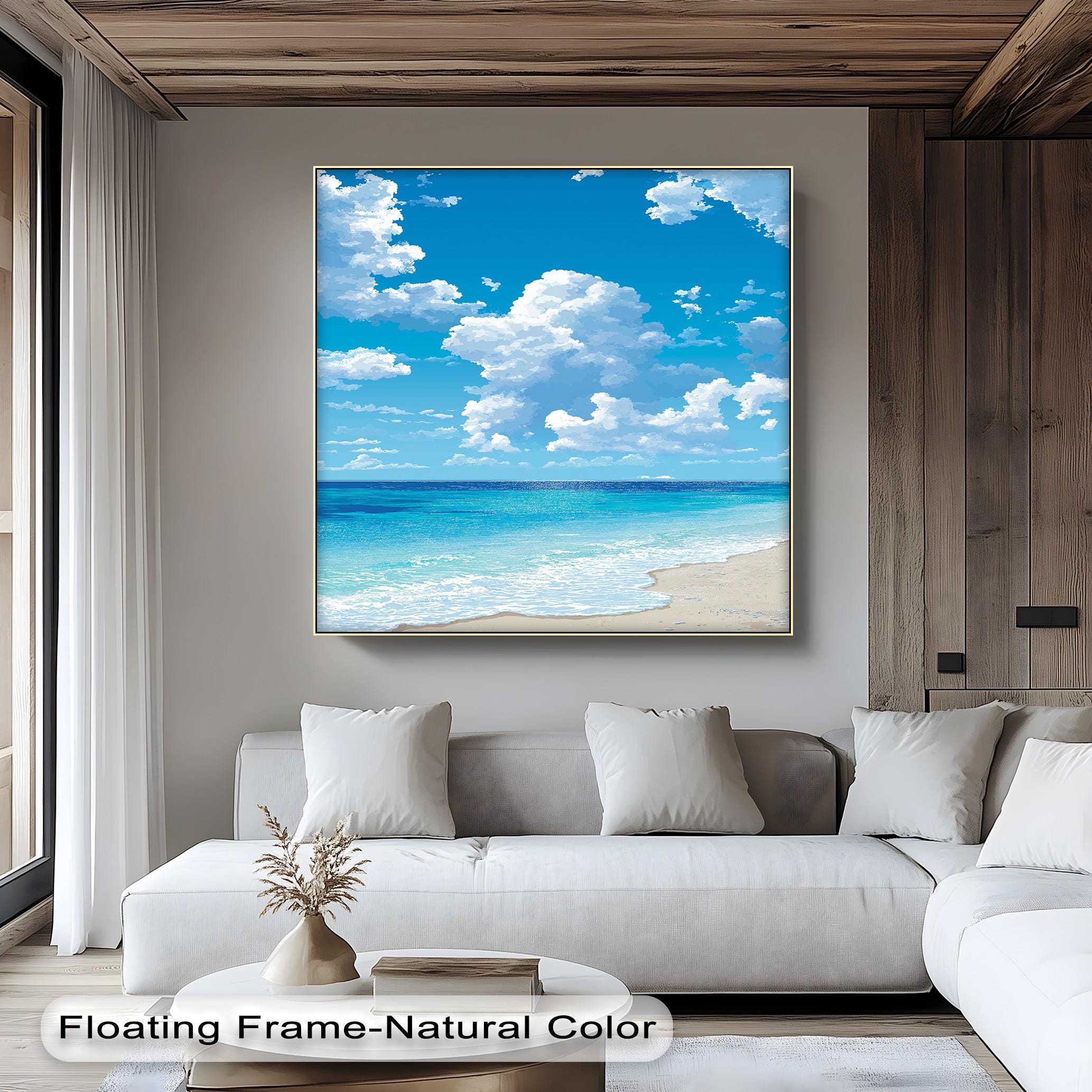 Blue Ocean Beach Canvas Art: Coastal Seascape Print in Silver